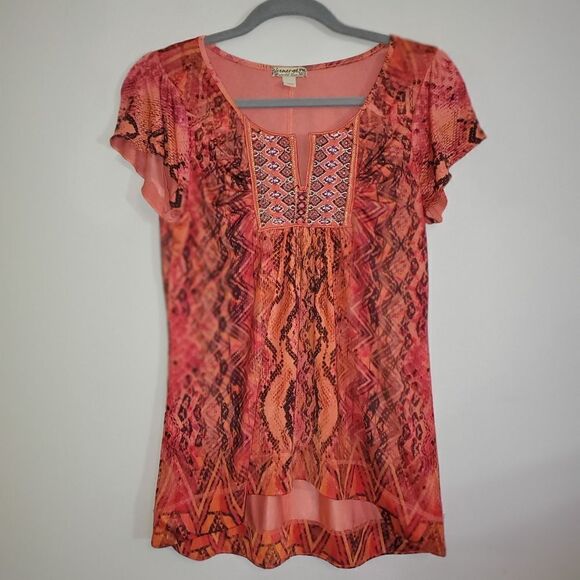 ENERGE WORLD CORAL EMBELLISHED HIGH LOW SHORT SLEEVE TOP SIZE PM - Picture 1 of 5